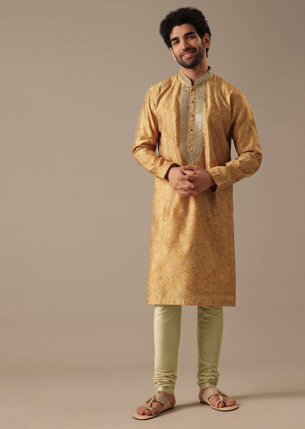 Yellow Silk Chevron Kurta Set with Mirror Work