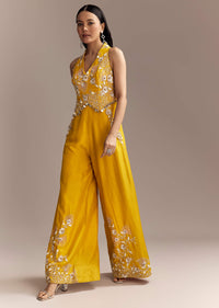 Yellow Georgette Embellished Jumpsuit With Cutdana Work