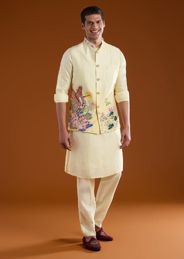 Yellow Silk Embroidered Front Button Kurta Sets And Dupatta