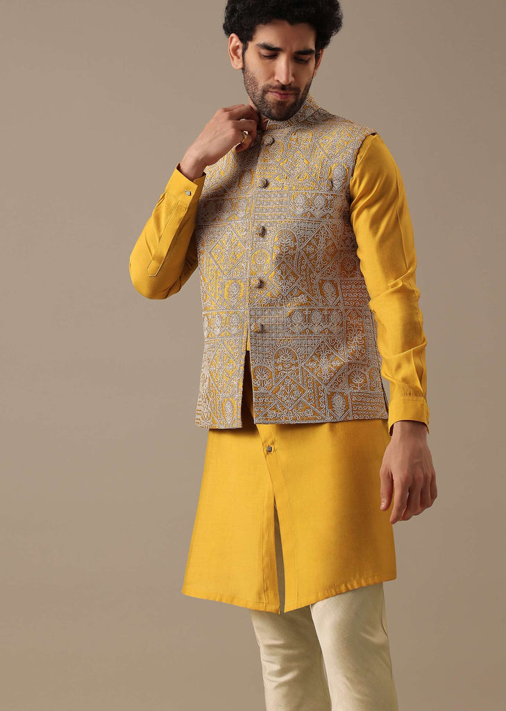 Yellow Silk Kurta & Bundi Set