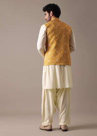 Yellow Silk Kurta And Printed Bundi Set
