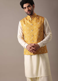 Yellow Silk Kurta And Printed Bundi Set