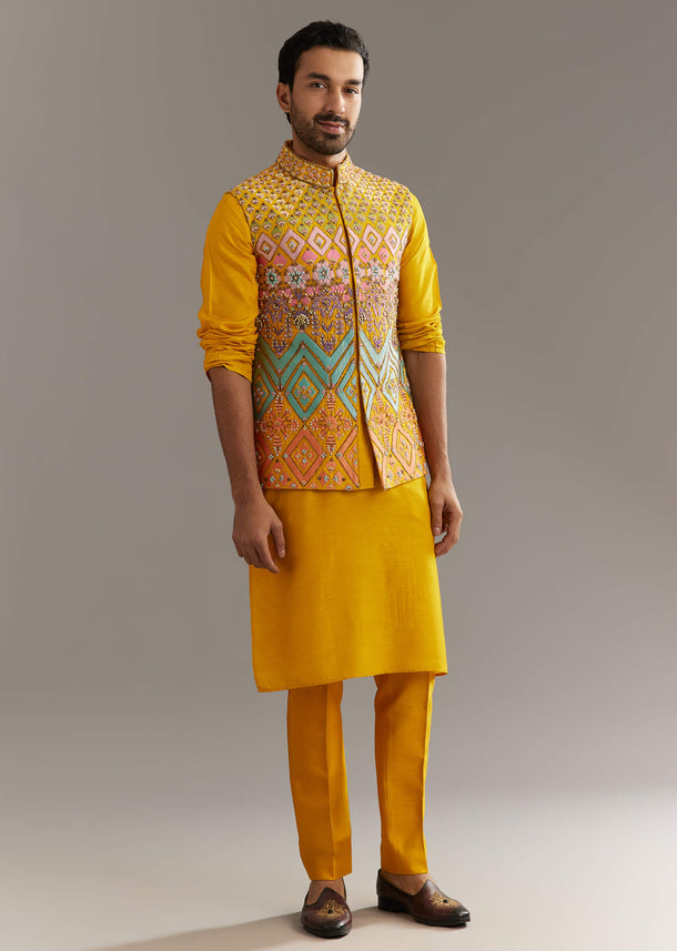 Yellow Silk Kurta Jacket Set With Multicolor Hand Work