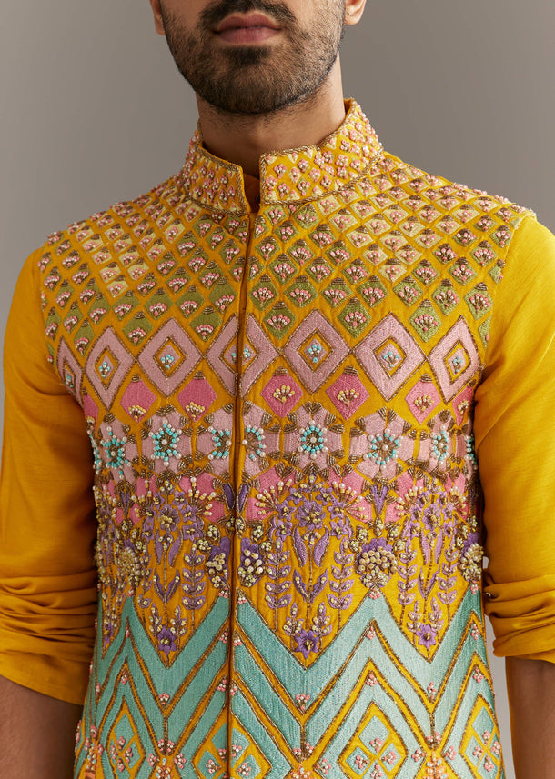 Yellow Silk Kurta Jacket Set With Multicolor Hand Work