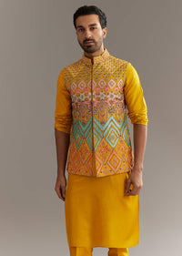 Yellow Silk Kurta Jacket Set With Multicolor Hand Work