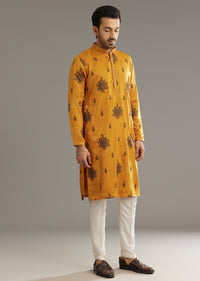 Yellow Silk Kurta Set With Artistic Print