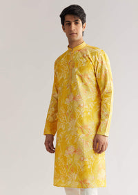 Yellow Silk Kurta Set With Floral Prints