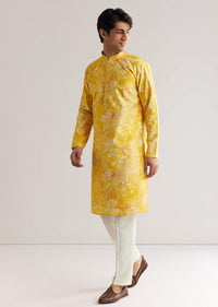Yellow Silk Kurta Set With Floral Prints