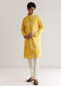 Yellow Silk Kurta Set With Floral Prints