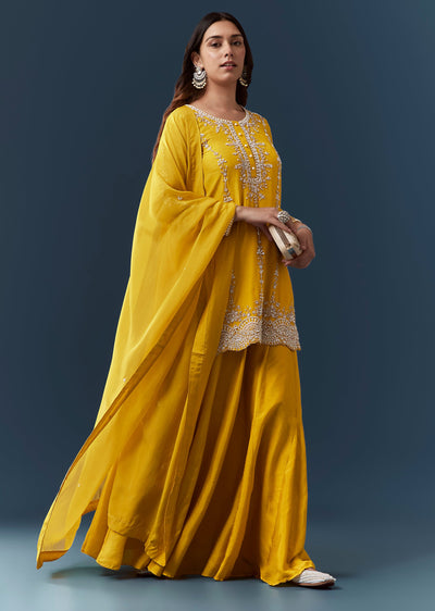 Yellow Silk Sequin Work Kurta and Skirt Set