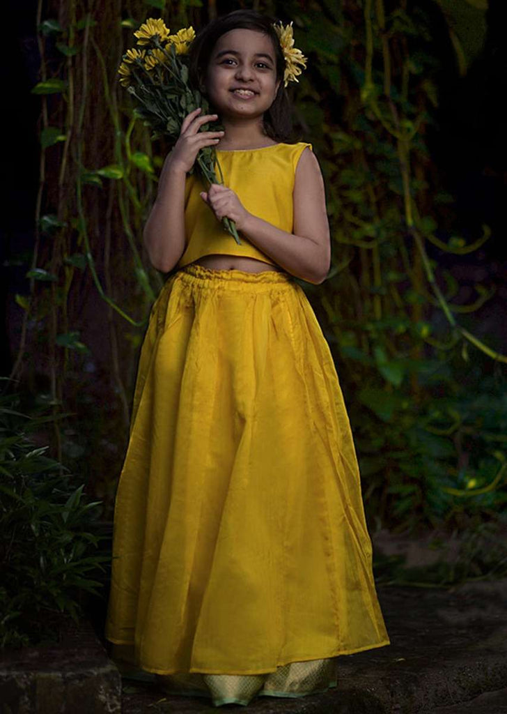 Kalki Girls Yellow Skirt And Crop Top In Hand Woven Cotton Silk With Tie Up At The Back And Woven Border By Love The World Today