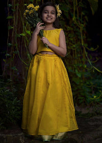 Kalki Girls Yellow Skirt And Crop Top In Hand Woven Cotton Silk With Tie Up At The Back And Woven Border By Love The World Today