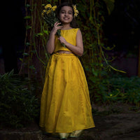 Kalki Girls Yellow Skirt And Crop Top In Hand Woven Cotton Silk With Tie Up At The Back And Woven Border By Love The World Today