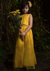 Kalki Girls Yellow Skirt And Crop Top In Hand Woven Cotton Silk With Tie Up At The Back And Woven Border By Love The World Today