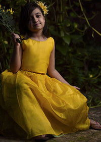 Kalki Girls Yellow Skirt And Crop Top In Hand Woven Cotton Silk With Tie Up At The Back And Woven Border By Love The World Today