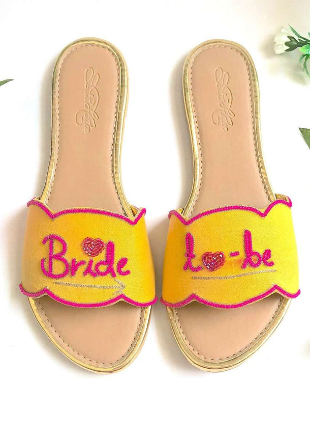 Yellow Slider Flats With Fuchsia Pink Colored Bride To Be Text And Scalloped Edge Online By Sole House