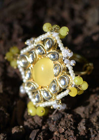 Yellow Stone And Kundan Studded Ring In Square Shape Adorned With Pearls And Beads