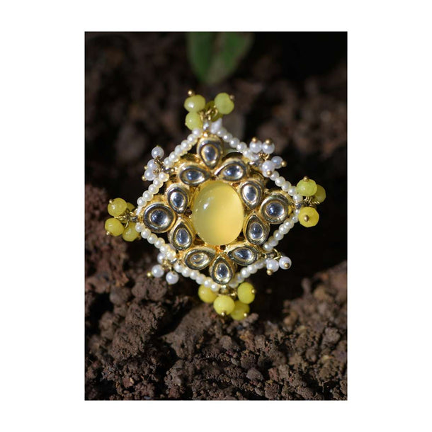 Yellow Stone And Kundan Studded Ring In Square Shape Adorned With Pearls And Beads