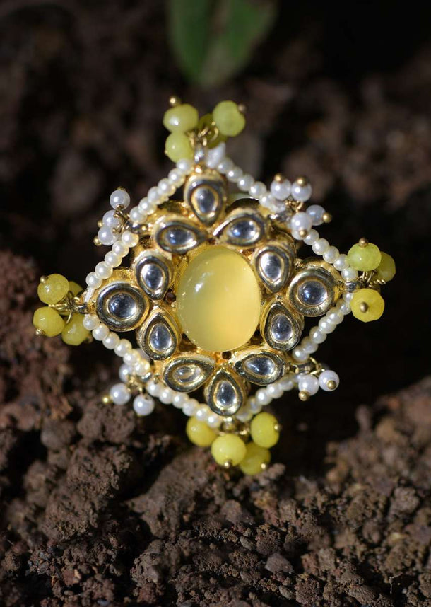 Yellow Stone And Kundan Studded Ring In Square Shape Adorned With Pearls And Beads