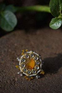 Yellow Stone Ring With Kundan And Pearls In Floral Pattern And Dangling Bead Tassels