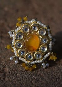 Yellow Stone Ring With Kundan And Pearls In Floral Pattern And Dangling Bead Tassels