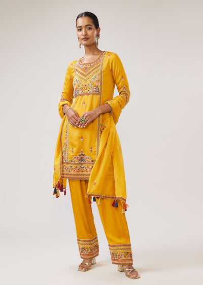 Yellow Thread And Moti Work Kurti Pant Set With Dupatta