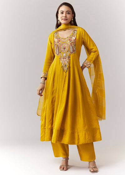 Yellow Threadwork Anarkali Pant Set With Dupatta