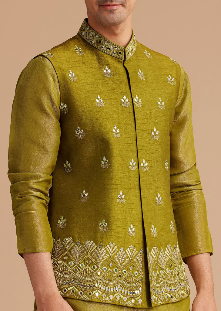 Yellow Tissue Kurta Jacket Set With Resham And Mirror Embroidery