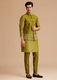 Yellow Tissue Kurta Jacket Set With Resham And Mirror Embroidery