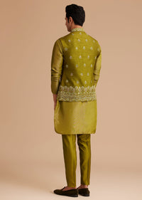 Yellow Tissue Kurta Jacket Set With Resham And Mirror Embroidery