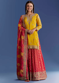 Yellow Tissue Kurta Set With Zari Palazzo And Floral Dupatta