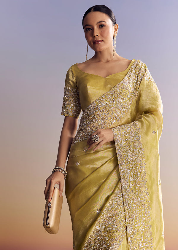 Yellow Tissue Saree With Heavy Floral Embroidered Border
