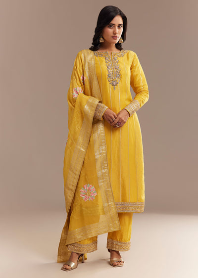 Yellow Tissue Zardosi Embroidered Kurta Pant Set