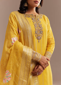 Yellow Tissue Zardosi Embroidered Kurta Pant Set