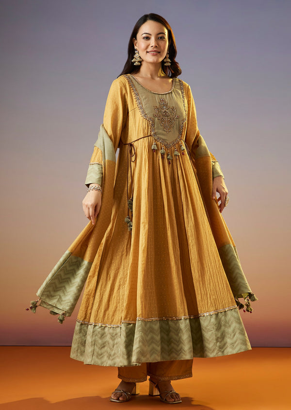 Yellow Zardosi Chanderi Anarkali Set With Dupatta