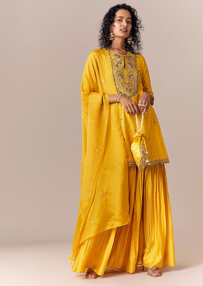 Yellow Zardosi Kurta Sharara Set With Dupatta