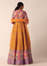 Yellow Anarkali Set With Sequin Embroidery And Printed Motifs