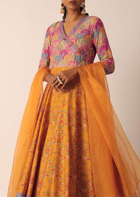 Yellow Anarkali Set With Sequin Embroidery And Printed Motifs