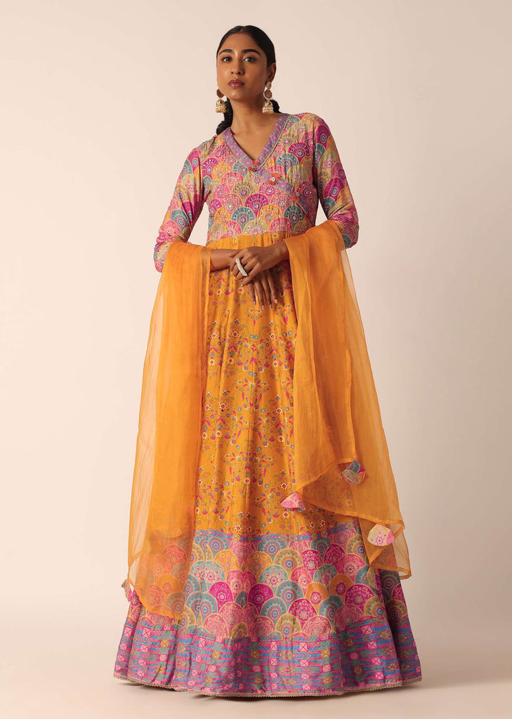 Yellow Anarkali Set With Sequin Embroidery And Printed Motifs