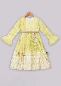 Kalki Girls Yellow Anarkali With Delicate Overall Embroidery And Organza Ruffle Sleeves By Free Sparrow