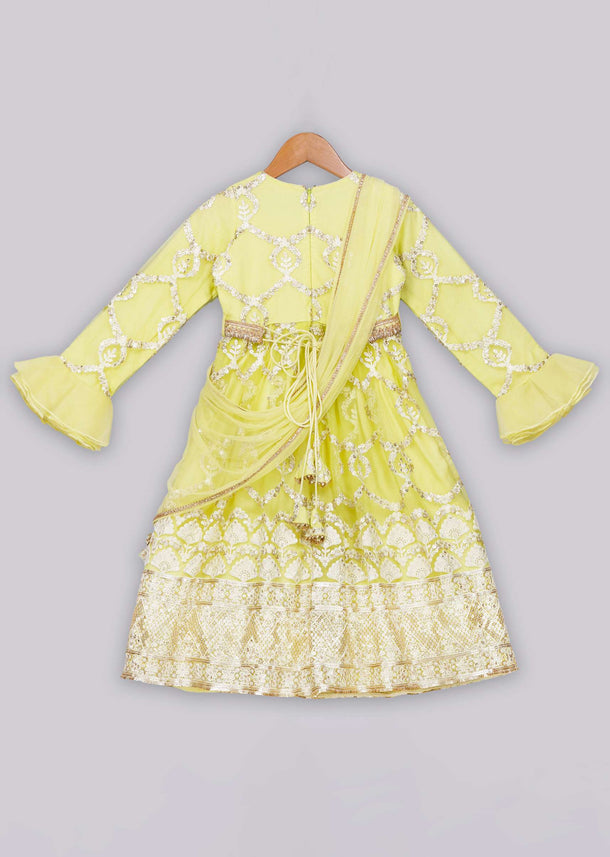 Kalki Girls Yellow Anarkali With Delicate Overall Embroidery And Organza Ruffle Sleeves By Free Sparrow