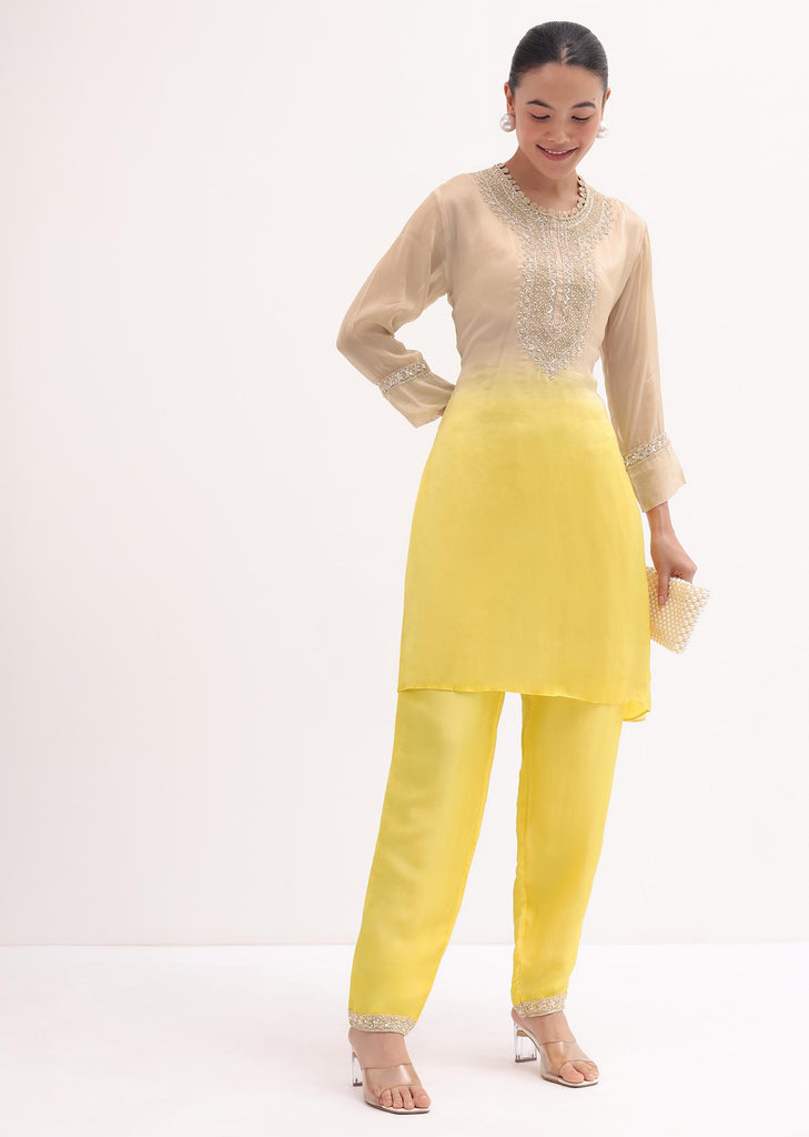 Yellow And Beige Embroidered Kurta Pant