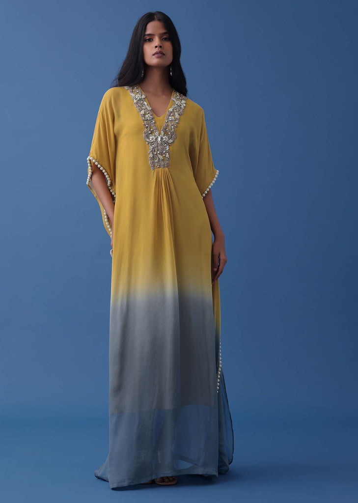 Yellow And Blue Ombre Kaftan In Georgette With Exquisite Embroidery