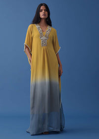 Yellow And Blue Ombre Kaftan In Georgette With Exquisite Embroidery