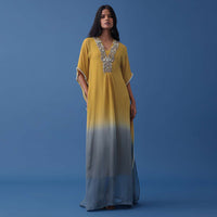 Yellow And Blue Ombre Kaftan In Georgette With Exquisite Embroidery