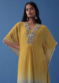 Yellow And Blue Ombre Kaftan In Georgette With Exquisite Embroidery