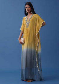 Yellow And Blue Ombre Kaftan In Georgette With Exquisite Embroidery