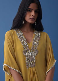 Yellow And Blue Ombre Kaftan In Georgette With Exquisite Embroidery