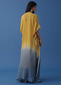 Yellow And Blue Ombre Kaftan In Georgette With Exquisite Embroidery