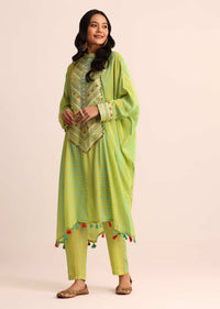 Yellow And Blue Embroidered Crepe Kaftan Kurti And Pant